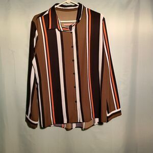 Vintage Striped Button-Up Shirt Long Sleeve Retro Brown Orange White Blouse XL